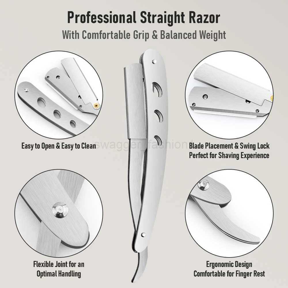 1set Shaving Trimming Knife Holder with 10pcs Shaving Blades Haircut Beard Eyebrow Shaver Tool Manual Folding Barber Knife KitB240709