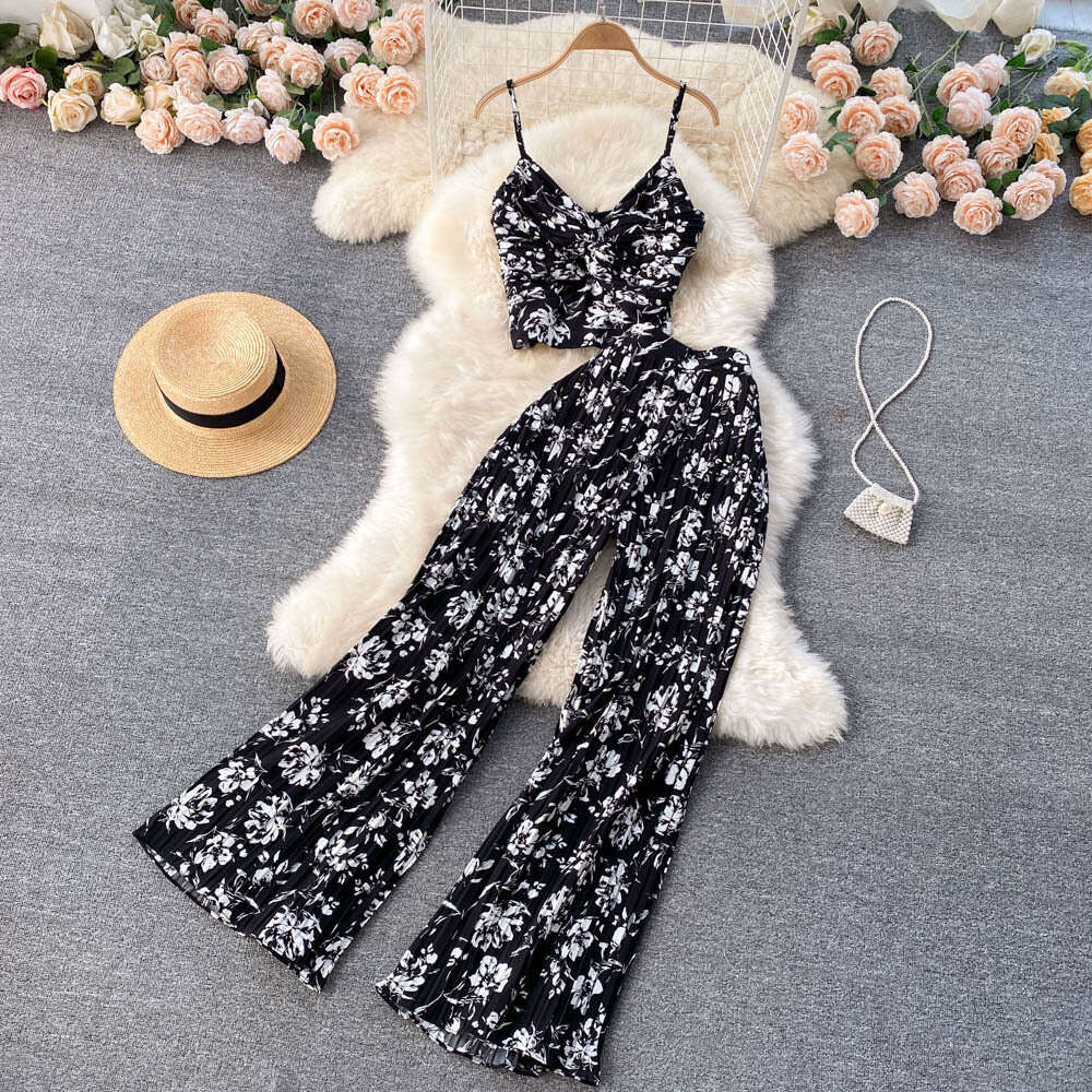Seaside Vacation Temperament V-neck Strap Vest, Heavy-duty Pleated Micro Flared Wide Leg Pants, Versatile Two-piece Set Lace Dress Pregnant Womens Dre
