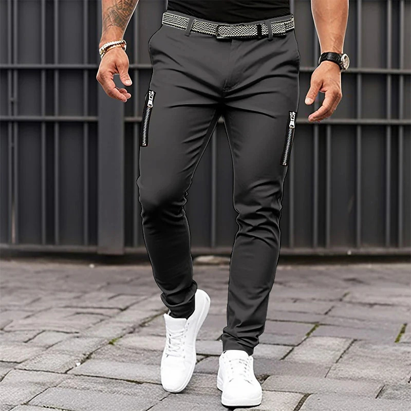 Spring and Autumn Casual Cotton Pants Loose Waist Double Zipper Pants Solid Color Fashion Mens Sports Pocket Pants 240717