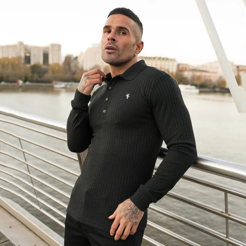 Father Sons Classic Black Ribbed POLO Shirt Long Sleeve Spring Sports Casual Loose Stretch TShirts Fitness Bottom 240716