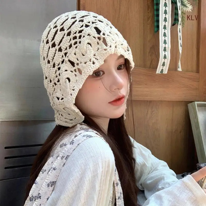 Elegant Handwoven Pullover Hat Breathable Hat Crochet Hollow Hat Holiday Crochet Hat Handwoven Tassels 240712