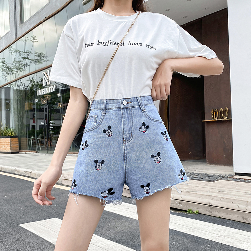 Women's summer new high waisted Korean version embroidered jeans slimming A-line shorts