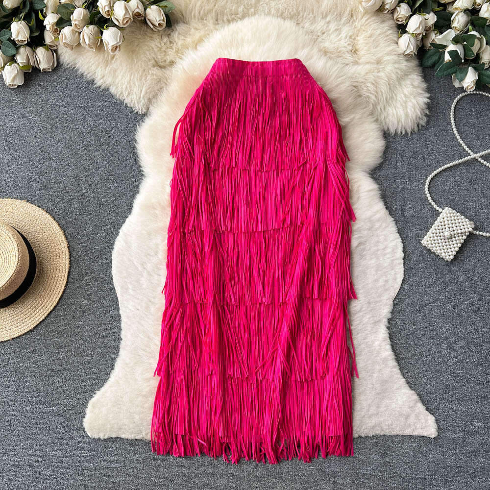 Summer New Pleated Red Tassel Niche Design, High-end Cake with A Slim Waist and Buttocks Wrapped Skirt Sexy Self-cultivation Novelty Denim Dress Overs