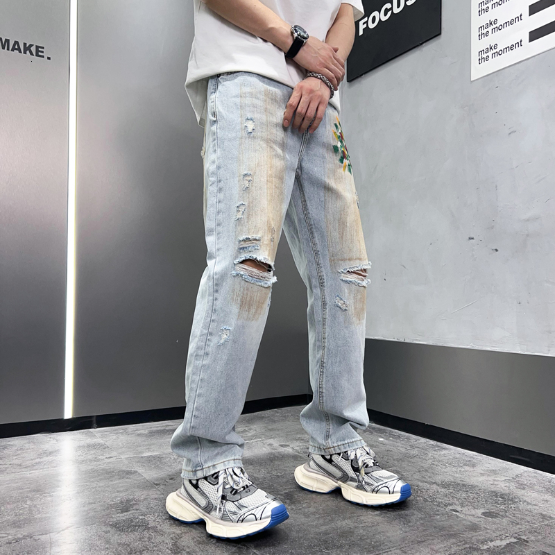 American fashion brand printed ripped jeans men's loose straight trendy wide leg pants