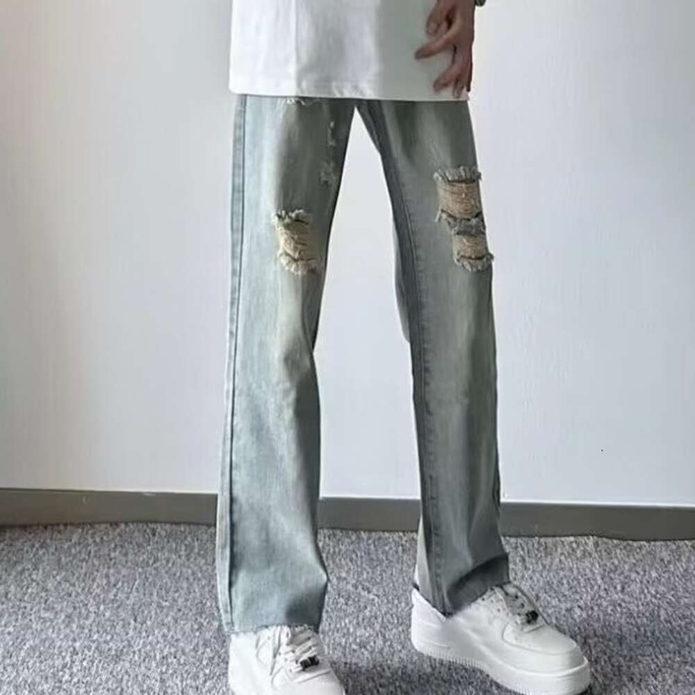 New high street washed distressed jeans with holes, men's trendy brand loose straight tube versatile American pants