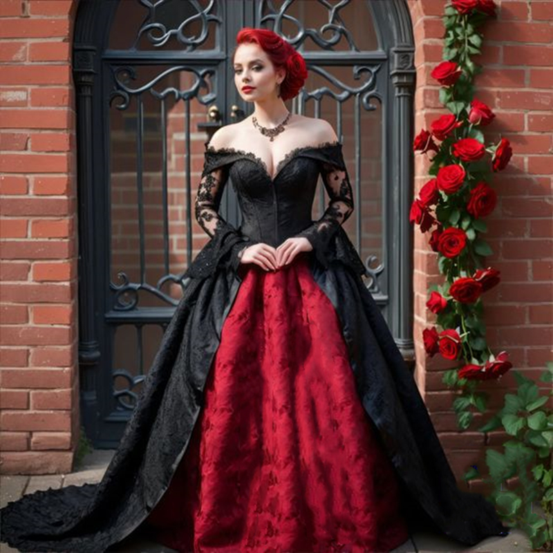 Medieval Gothic Wedding Dresses Off Shoulder Long Sleeves Princess Bridal Gowns Lace With Satin Black And Dark Red Vintage Renaissance Dress For Women