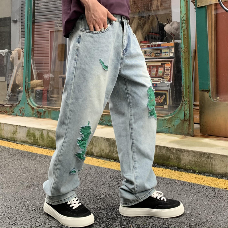 Trendy washed denim men, American style lightning ripped pants, and loose straight leg jeans for men