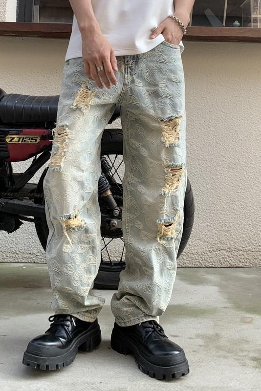 American fashion brand ripped jeans loose straight leg quality jacquard men's denim pants