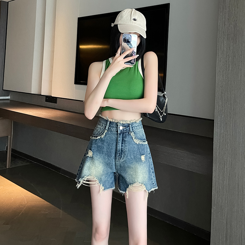338 # Summer Burr Hole Korean shorts 2023 new trendy high waist slimming jeans for women