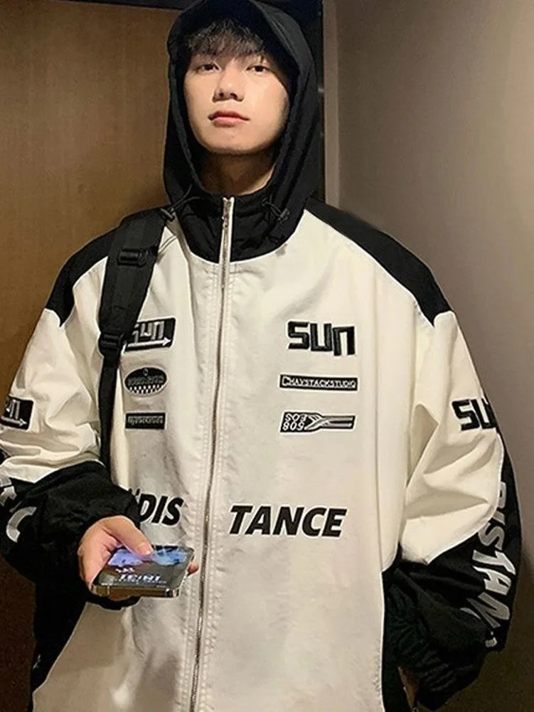 Men High Street Autumn Loose Letter Embroidery Baseball Bomber Outerwear Casual Coat Unisex Y2k Racer Hooded Jackets 240716