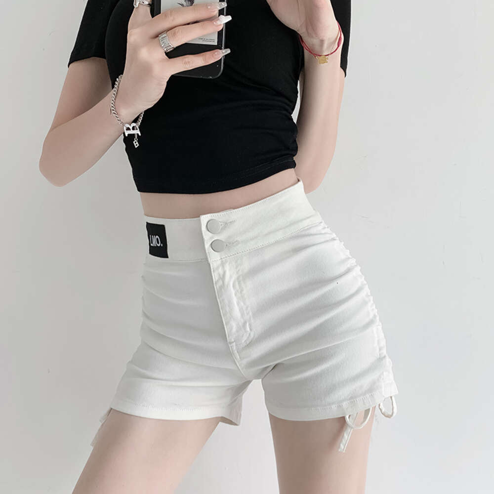 Fashionable high waisted thin denim shorts two button buttons women, elastic slim fit with wrapped arms, slimming hot pants for students, Korean style