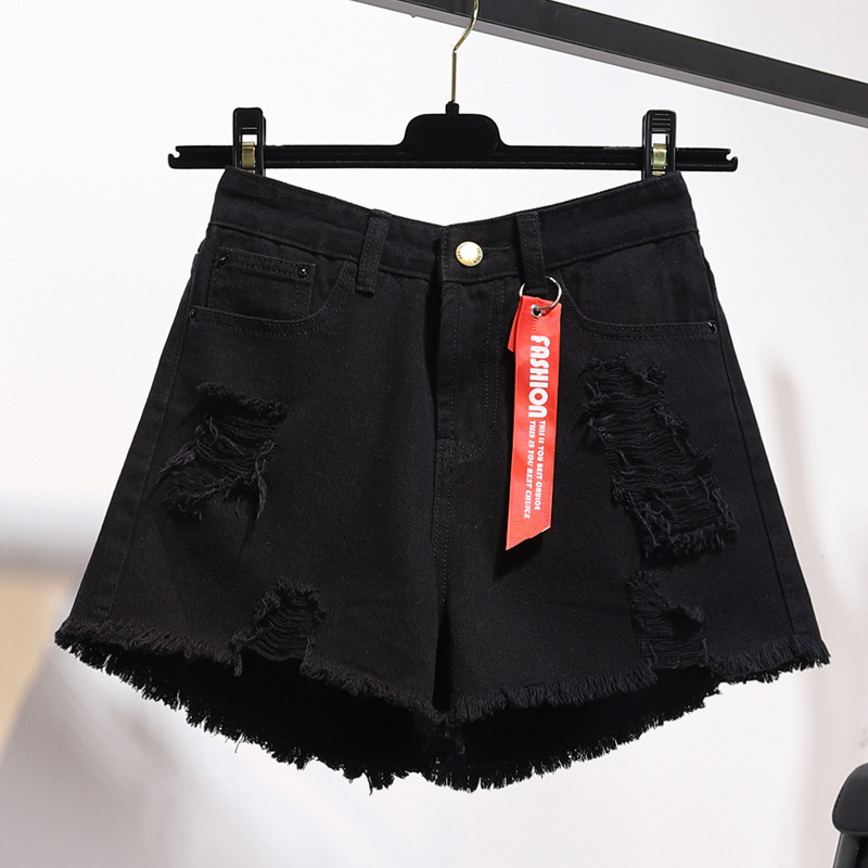 Summer Tassel Ripped Denim Shorts Black White Blue Skinny High Waisted Casual Women Hole Jean Short C12957