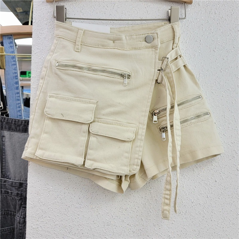 Irregular multiple Zipper pockets denim shorts Summer Shorts A-line pants skirts jeans for women