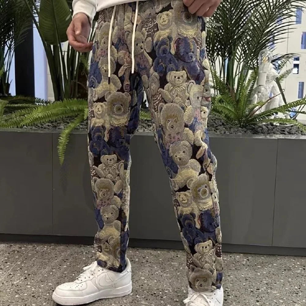 Autumn Mens Bear Embroidered Y2k Ankle-Tied Pants Essential Casual Trendy Youth Fashion Street Slim Leggings For Men 240717