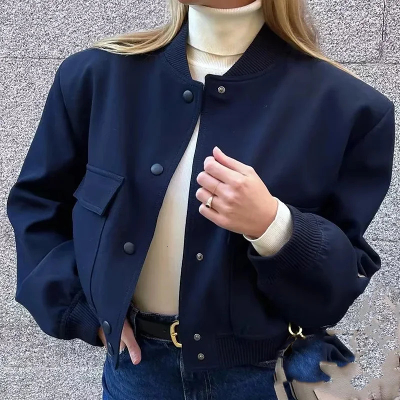 Womens Bomber Jackets Coat Crop Outwear Armygreen Long Sleeve With Pocket Solid azatrafins Woman Jacket Navy Blue 240715