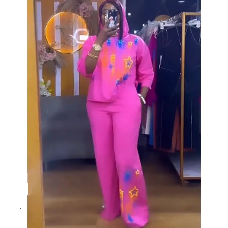 Fashion Women 2 Piece Sets Matching Stripe Printed Two Pieces Hoody Top Pants Suits Outfits Clothing 240710