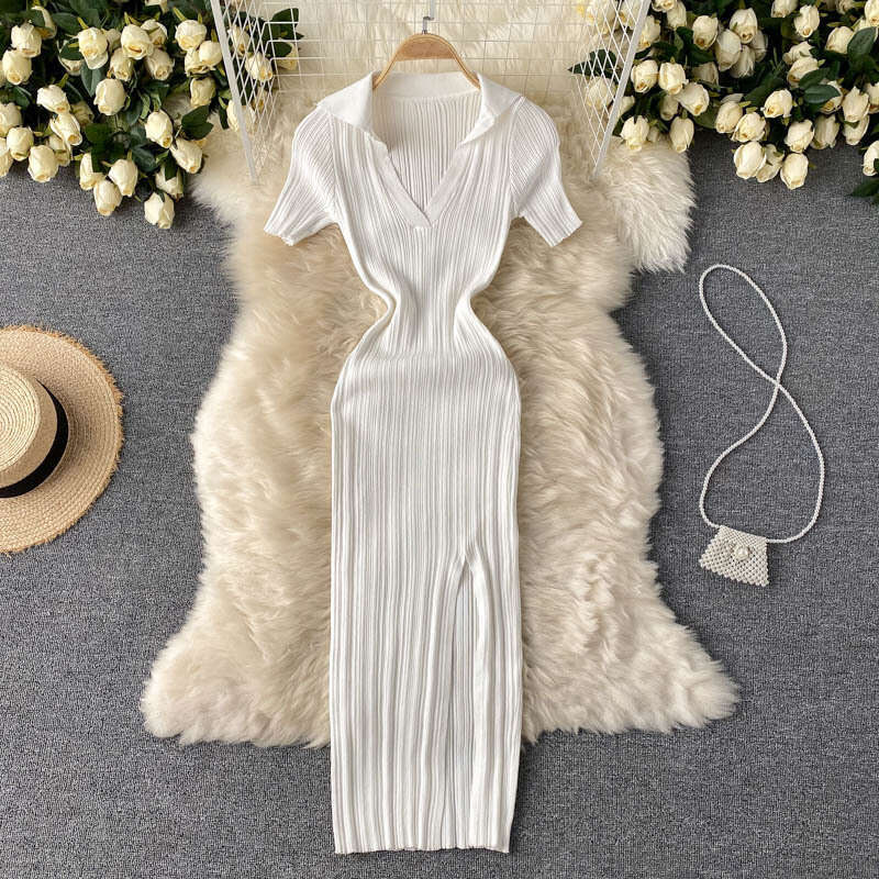 Ins Heart Machine Split Knee Over Skirt Sexy Show Waist and Hip Stretch Knitted New Summer Dress Novelty Self-cultivation Loose Sexy Short Silk Dress