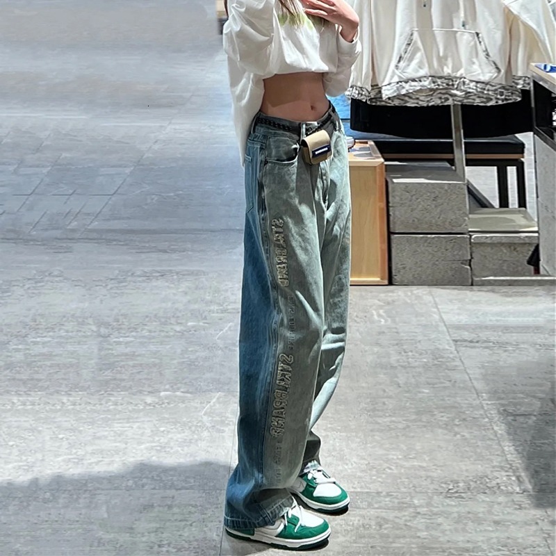Color blocked jeans summer loose letter sticker washed straight leg American Vibe pants high street thin