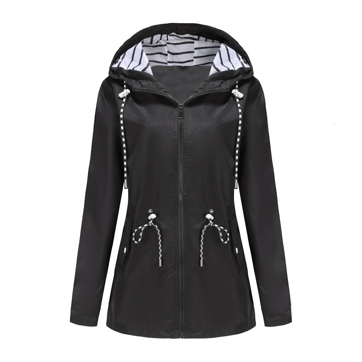Womens Waterproof Raincoat Casual Basic Outdoors Trench Classic Zipper Long Windbreaker Outdoor Climbing Hooded Tops 240715