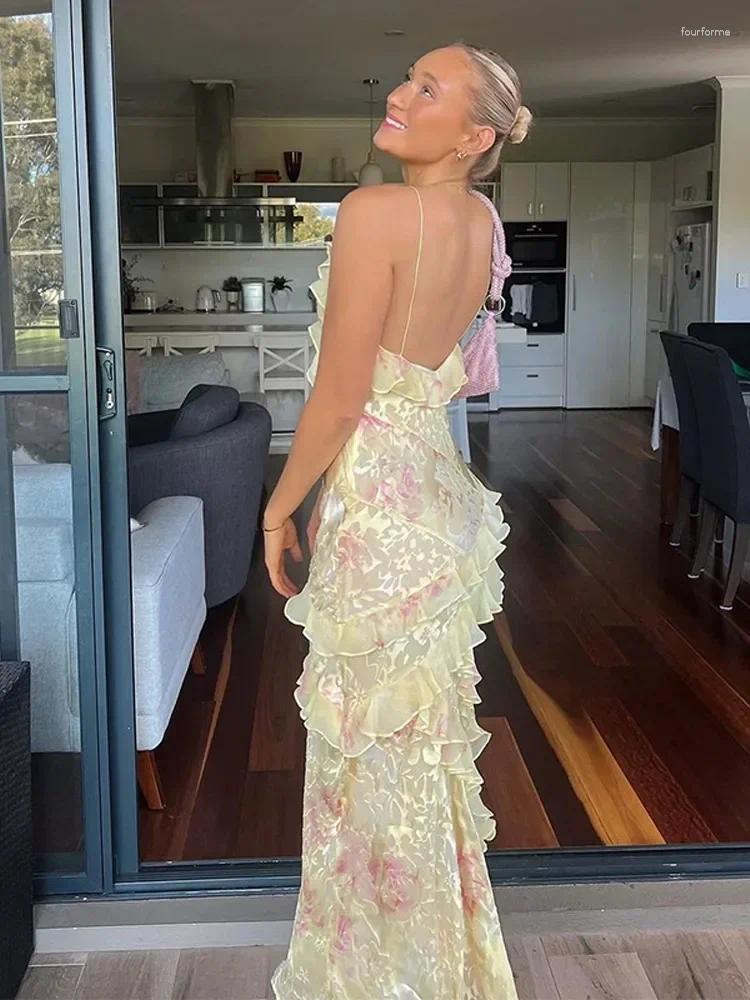 Casual Dresses designer dress Pink Chiffon Ruffle Sg Maxi Dress Tierred Women Chic Sweet Sleeveless V Neck Holiday Robe Spring Lady Beach Vestidos