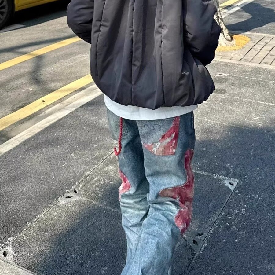 Cabbage Coke American Street High Rise Jeans Men's and Women's Micro Horn Printed Splicing Casual Pants