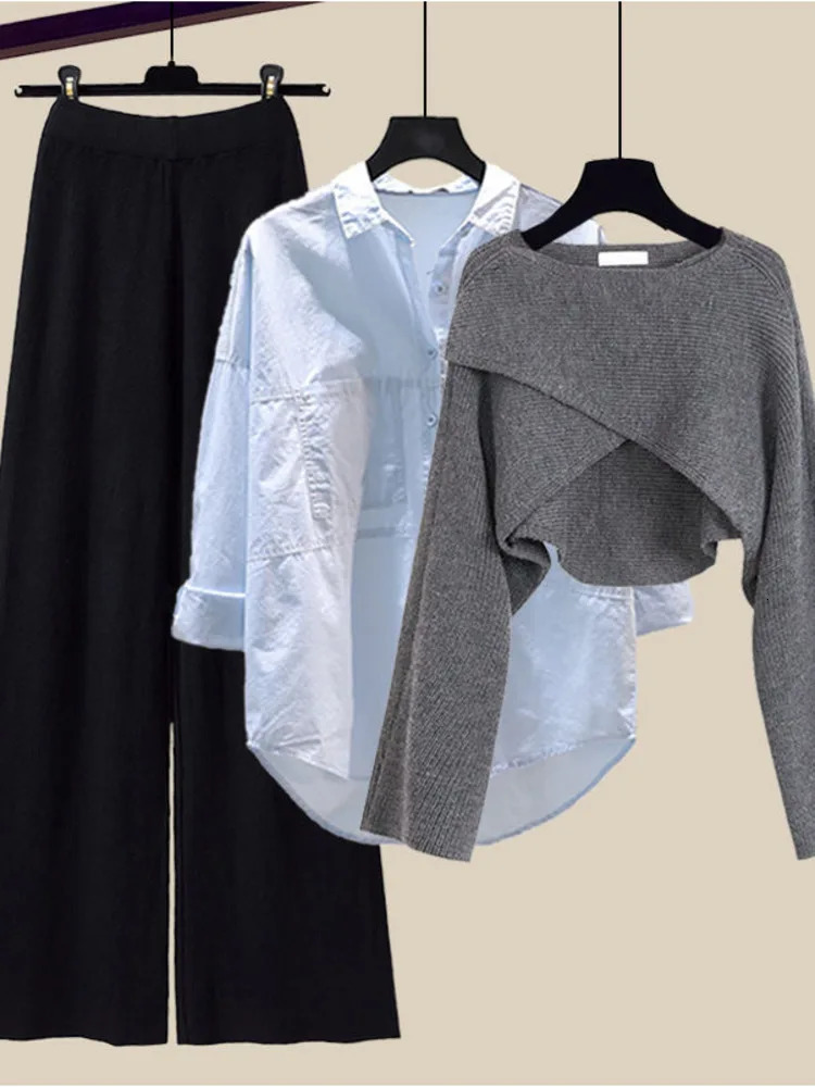 Fall Winter 3 Piece Sets Womens Outfit Office Ladies Elegant Irregular Knitted Sweater Shirt Wide Leg Pants Set Women Clothing 240715
