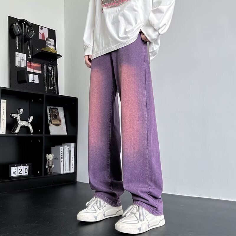 Jeans for boys, spring washed loose straight men's pants, trendy brand American high street wide leg casual