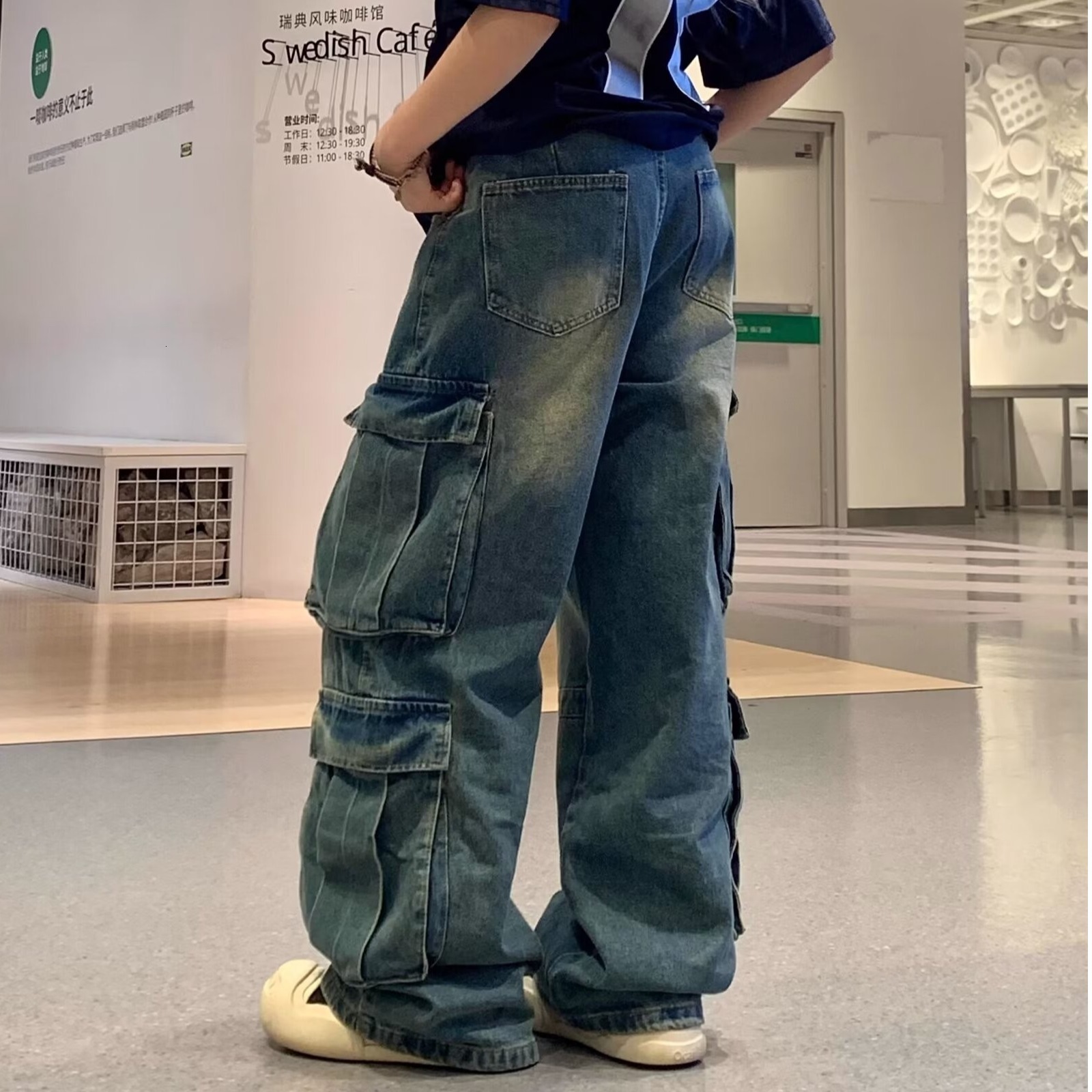 American style multi pocket workwear jeans for women in summer, street design, loose slimming, high waist and wide leg pants