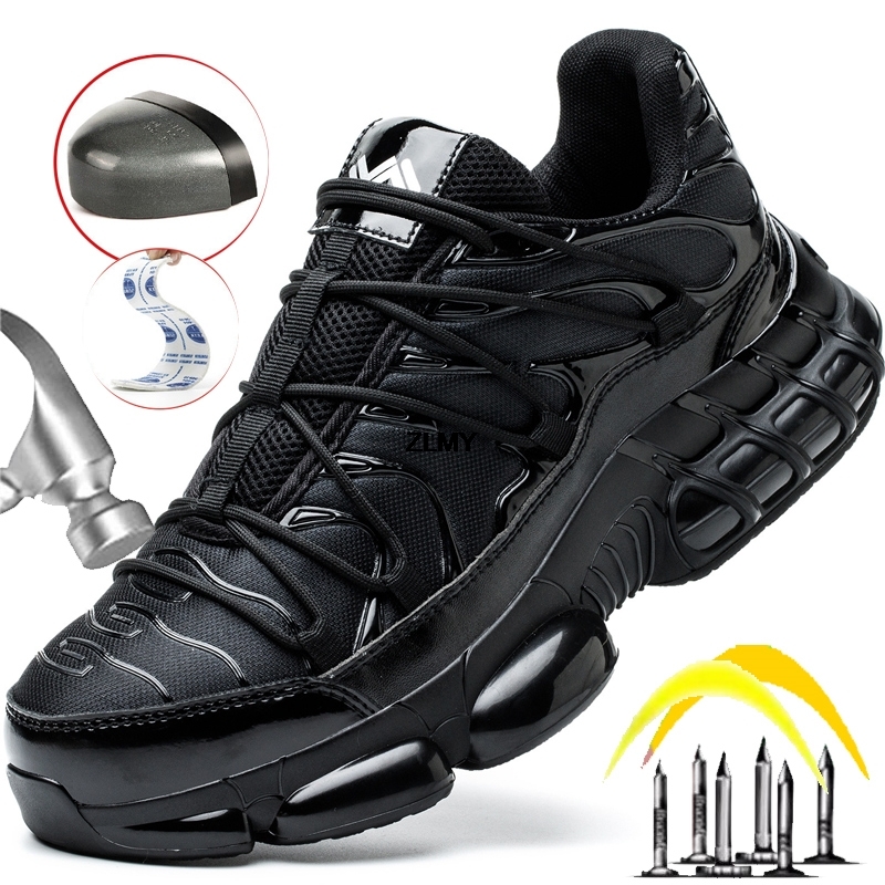 Air Cushion Men Steel Toe Sneaker Puncture Proof Sport Shoes Man Safety Black Male Work Boots Plus Size