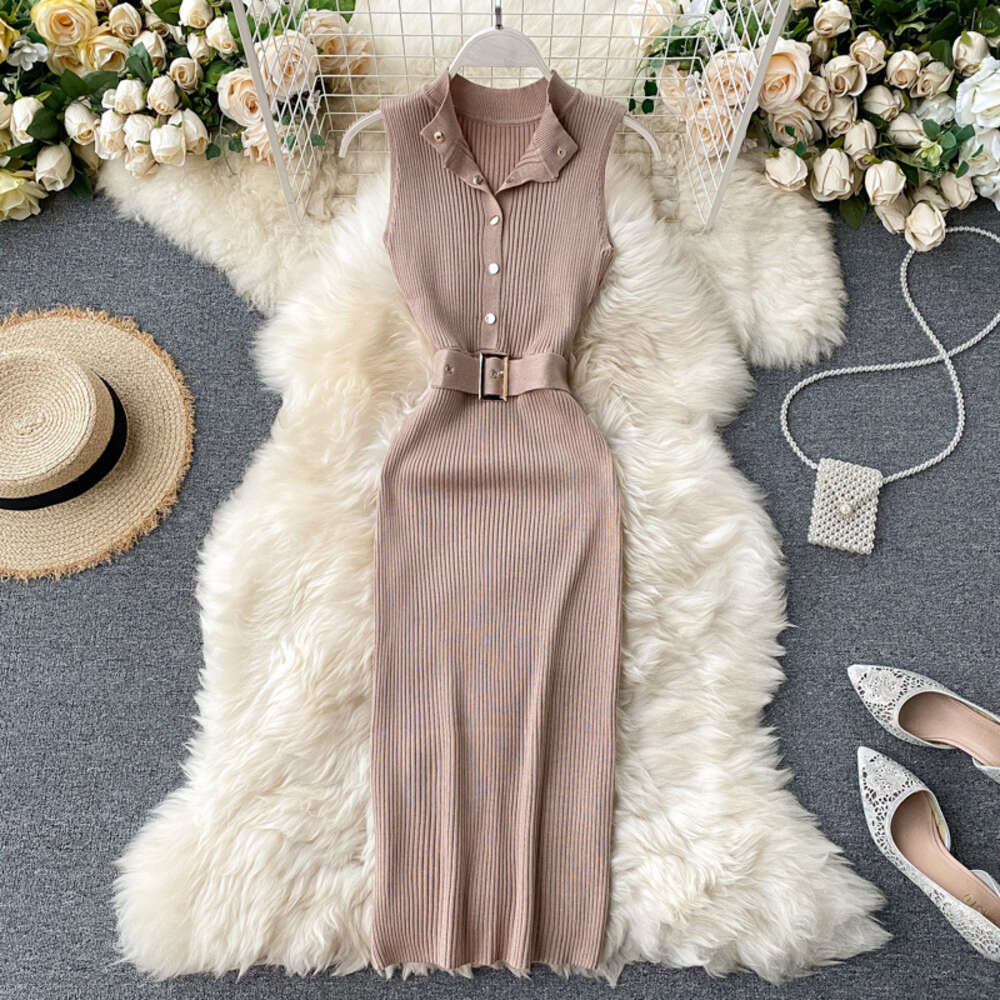 Dress Womens 2022 New Buckle Lace Up Waist and Lifting Elastic Knitted Sleeveless Sexy Wrapped Hip Skirt Waist Loose SKINNY DRESS Denim Dress