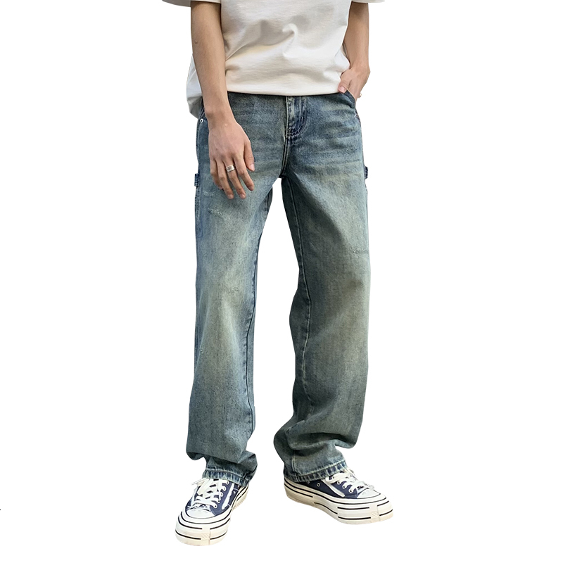 American fashion brand workwear jeans men's trendy straight washed loose and versatile quality wide leg pants