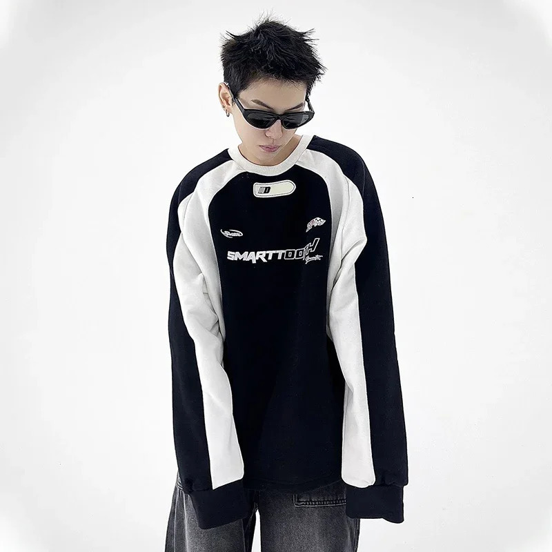 HOUZHOU Y2K Sweatshirts Men Vintage Korean Streetwear Motorcycle Patchwork Harajuku Pullover Hippie Male Sweatshirt Tops Spring 240712