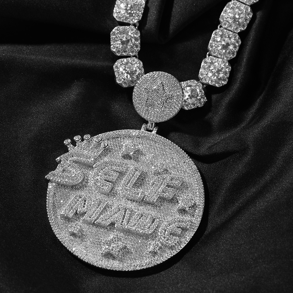 Hip Hop Large Round Plate SELFMANG Letters Pendant Mens Jewelry Full 5A Zircon Rap Jewelry