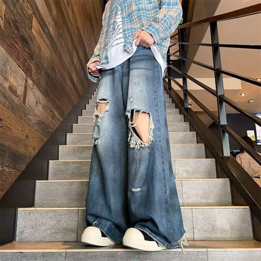 Washed, worn, hand cut, hole damaged style jeans, men's design sense, niche high street wide leg pants