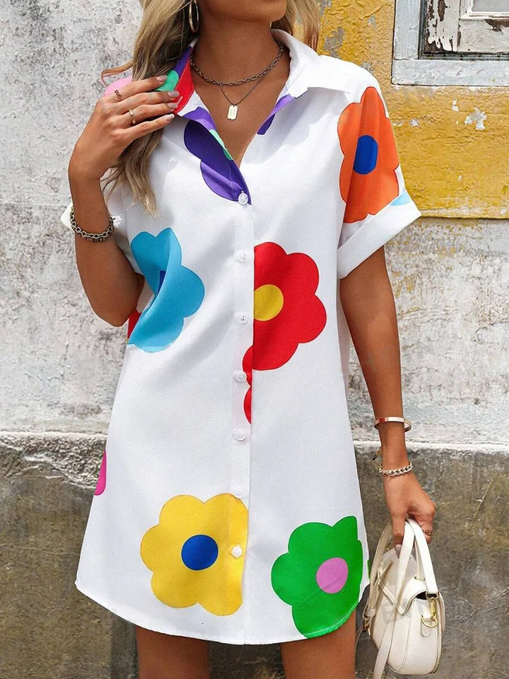 2024 Summer Everyday Casual Womens Shortsleeved Shirt Dress Urban Fashion Singlebreasted 3D Printed Elegant 240716