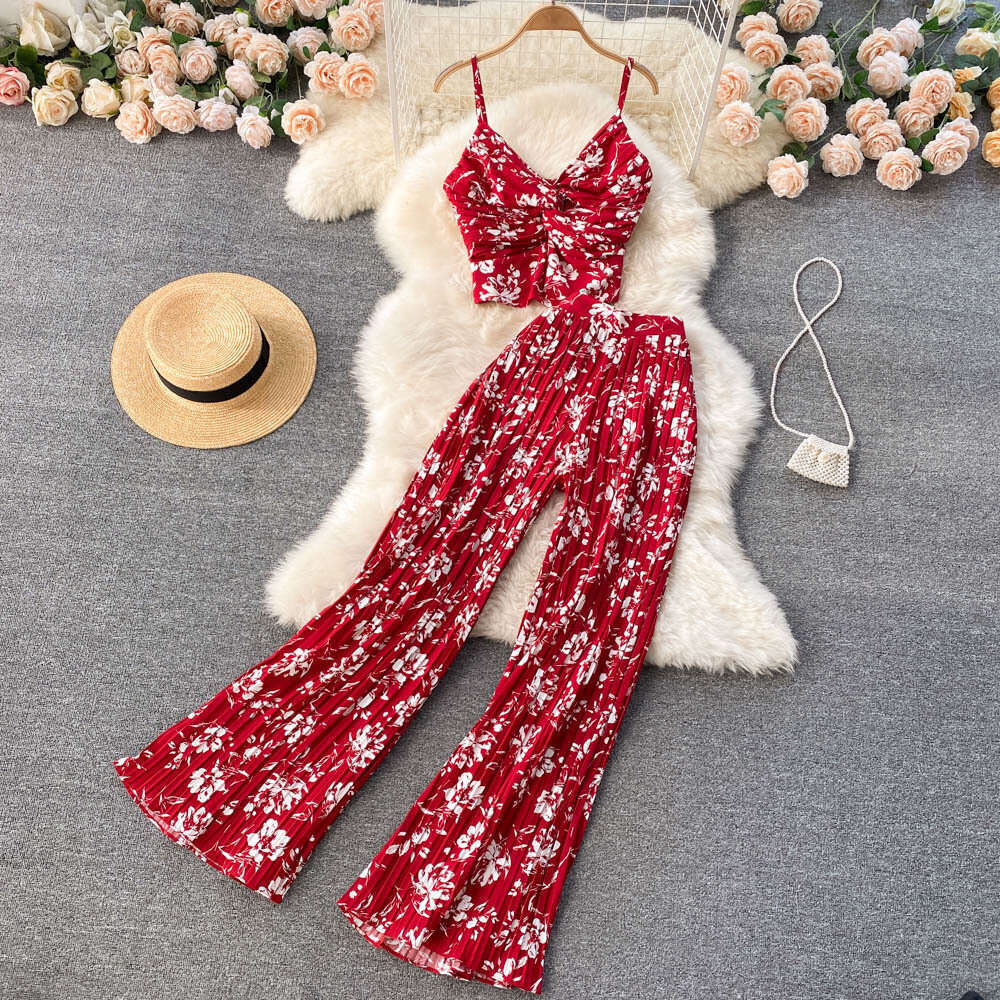 Seaside Vacation Temperament V-neck Strap Vest, Heavy-duty Pleated Micro Flared Wide Leg Pants, Versatile Two-piece Set Lace Dress Pregnant Womens Dre