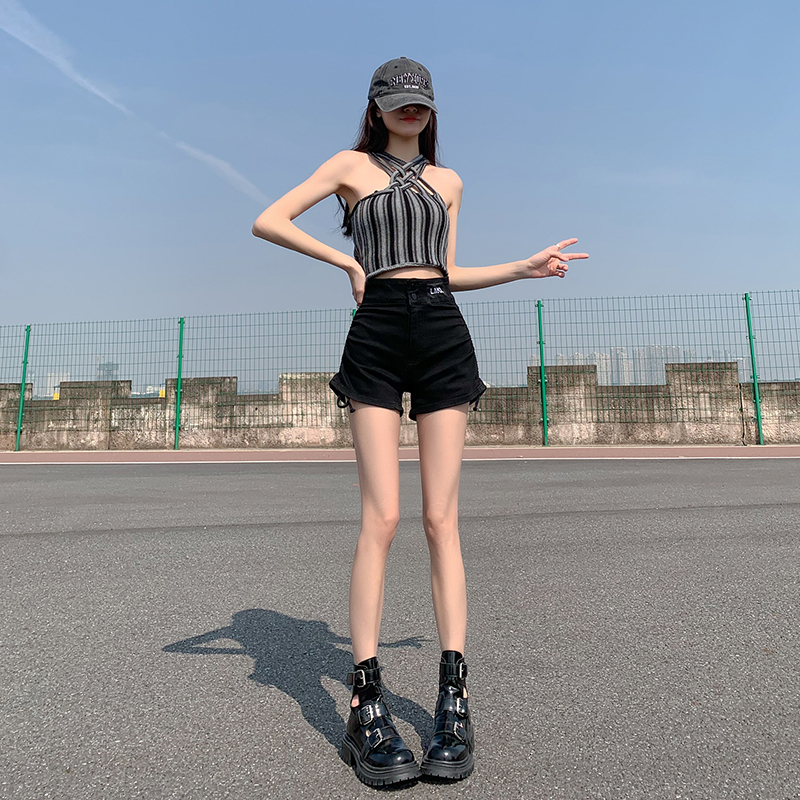 Black denim shorts for women in the summer of 2023, high waisted and slimming new style, niche design, tied rope, spicy girl hot pants