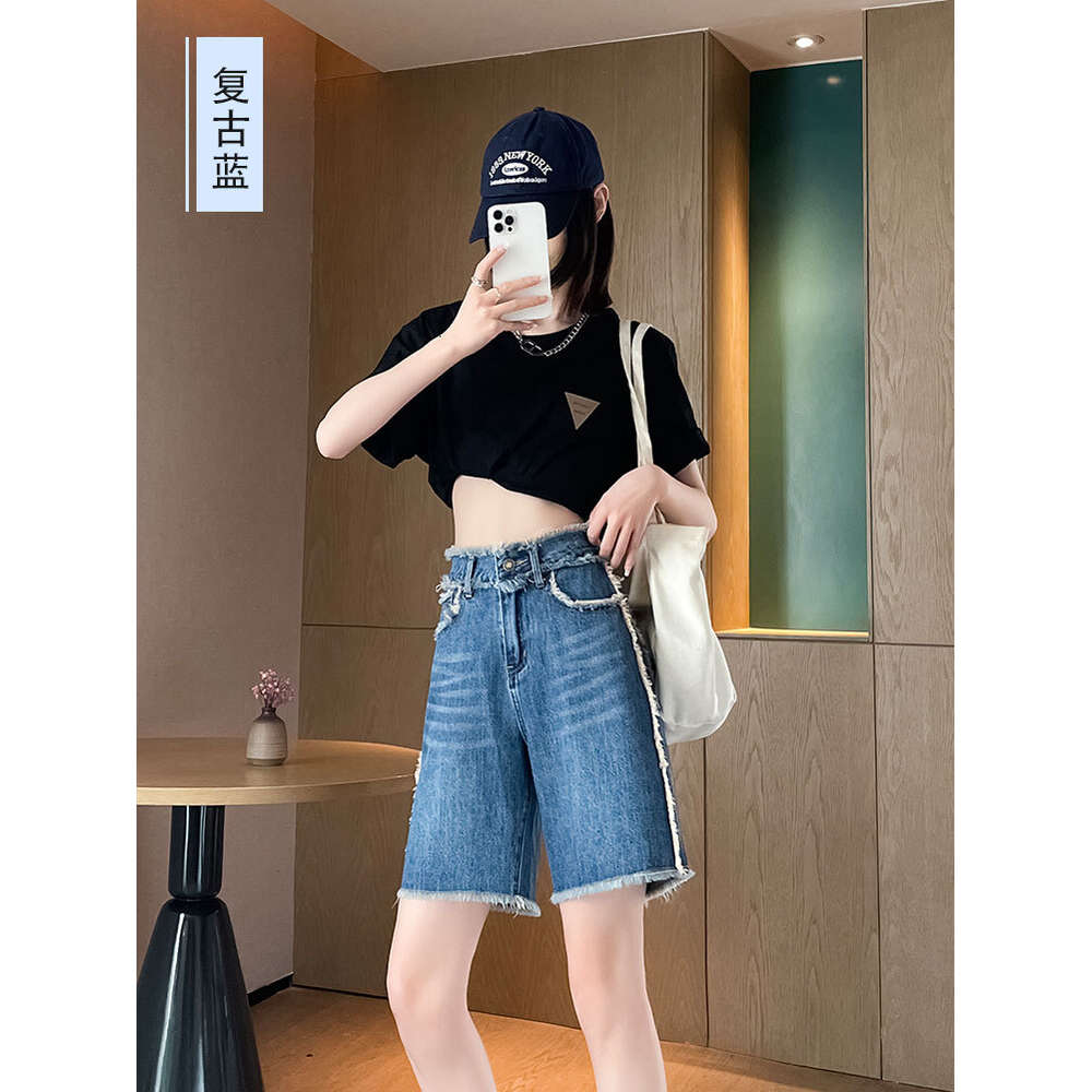 Women's Spring/Summer 2023 New High Waist Loose Wide Leg Ins Trendy 5-point Mid Pants with Hairy Edge Denim Shorts