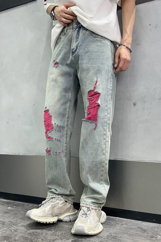 2024Washed jeans for men, American fashion brand ripped pants, trendy loose straight leg men's denim pants