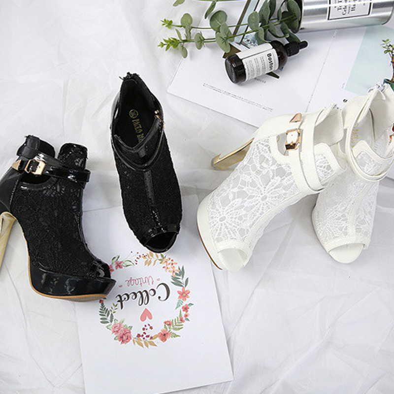 HBP High-heeled Shoes Sandals Fish Mouth Lace Breathable Mesh Water Platform Opening High Heeled Cool Boots Follow Height 13.5cm Water Platform 3.5cm