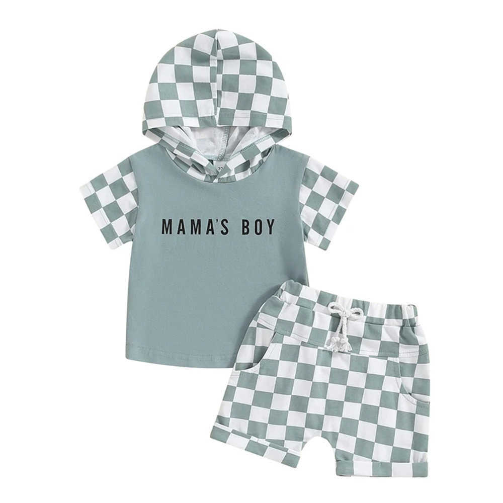 Clothing Sets Baby Boy Summer Clothing Outfits Short Sleeve Letter Print Hooded Tops + Elastic Waist Checkerboard Shorts Infant Toddler Sets 2LN4