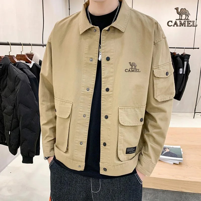 Camel Gold Label Mens Polo Neck Handsome Versatile Work Jacket Spring and Autumn Coat Korean Style Loose Top 240709