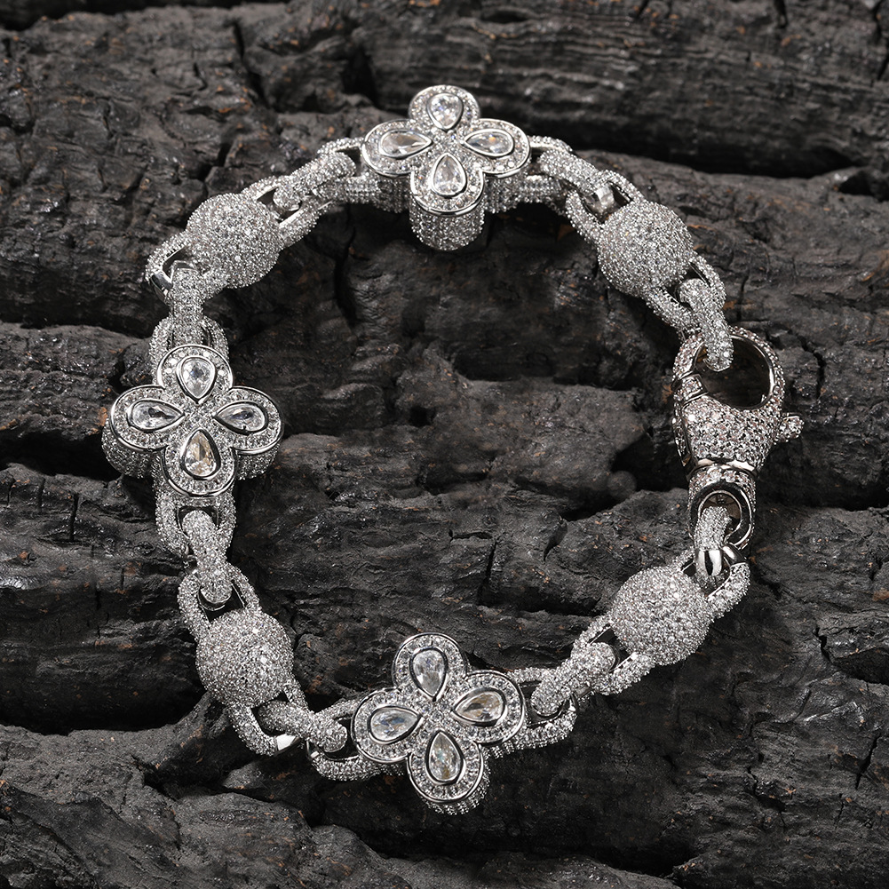 Hip Hop Flower Chain Necklace Bracelet 18K Gold Plated 5A Zircon Men Jewelry Set