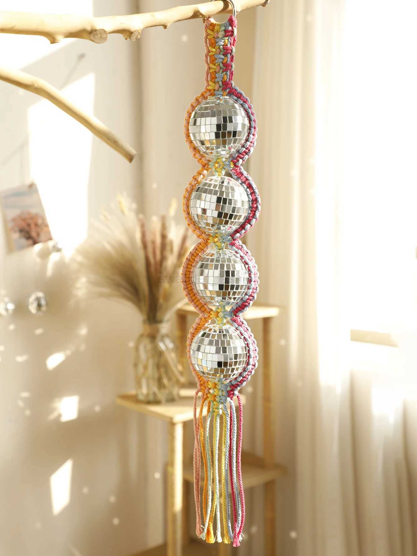 Handwoven Wall Hanging Silver Shining Disco Ball Lighting Reflection Colorful Mirror Ball Big Party Bar Decorations Room DecorB24718