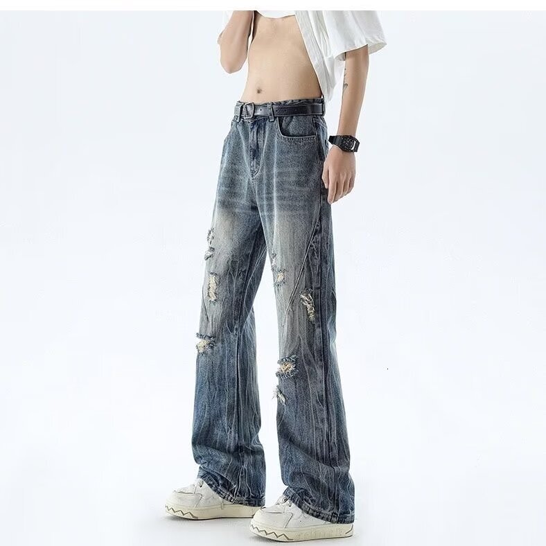 American style distressed beggar ripped jeans men's thin long washed loose straight leg micro flared pants