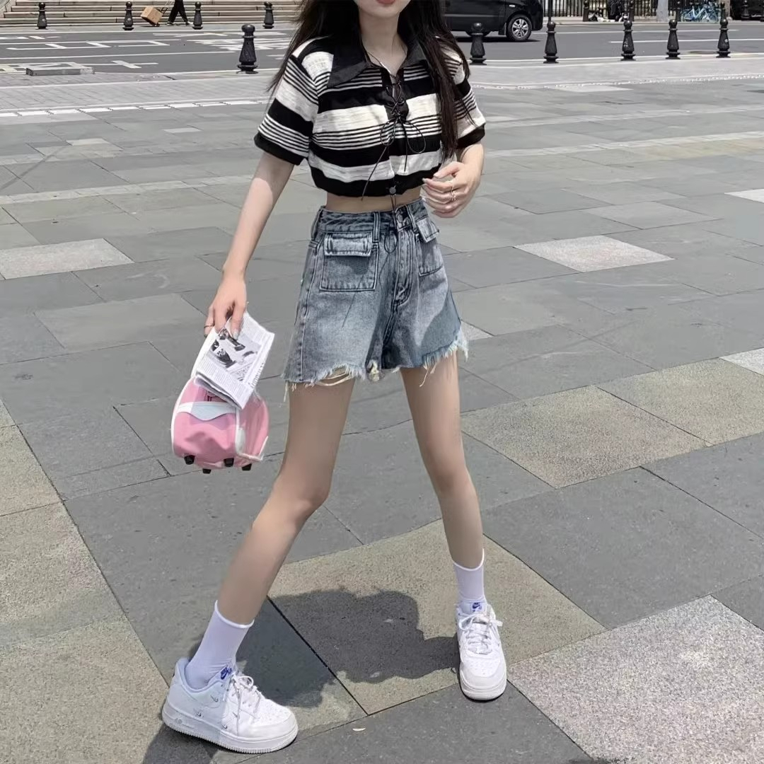 High waisted tassel fringed denim shorts women, 2024 summer collection, vintage style, sexy for hot girls, A-line wide leg pants