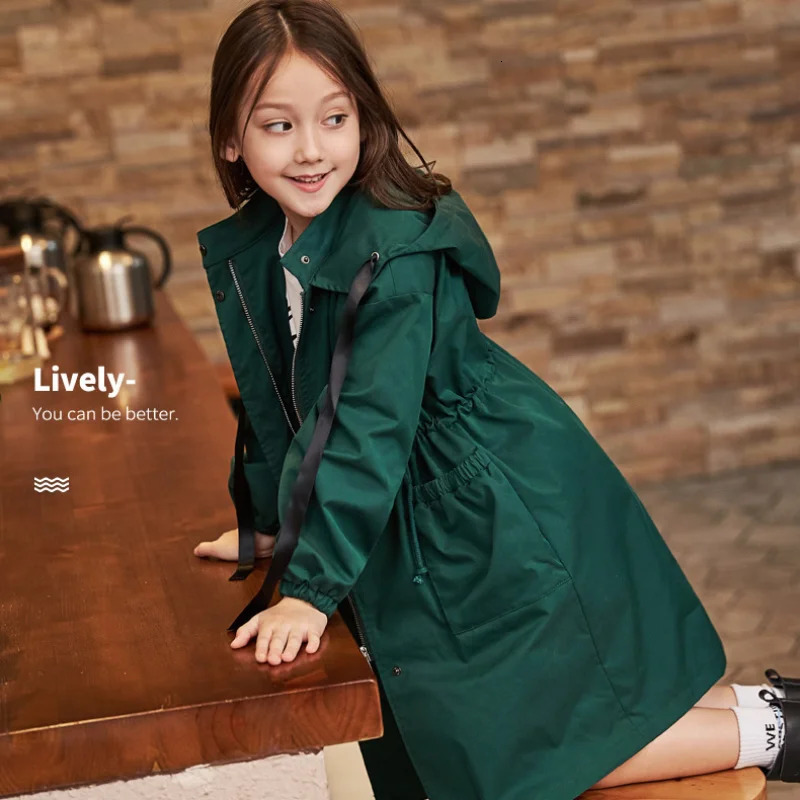 Kids Girls Trench Fashion Drawstring Hooded Jacket Tops Spring Autumn Children Clothes Teenager Girl Solid Color Coat 240710