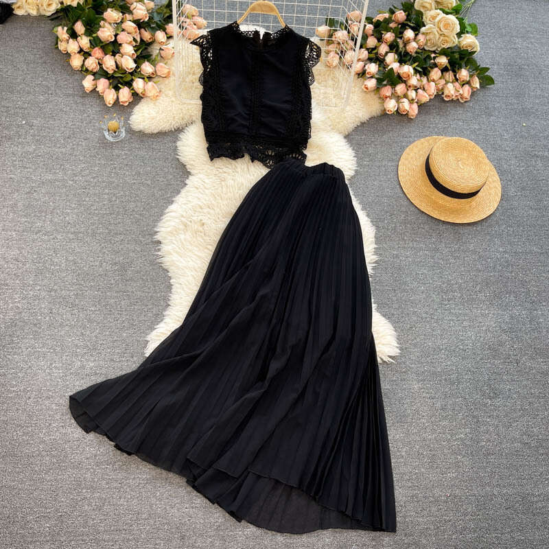 Seaside Vacation 2022 Summer Womens Lace Top, High Waist, Slim Look, Folded Chiffon Half Skirt, Two Piece Set Waist Sexy Oversize Dress Lace Dress