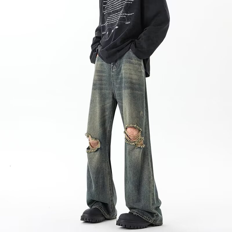 American style high street heavy industry washed craft ripped jeans for men in summer, loose straight hanging wide leg pants