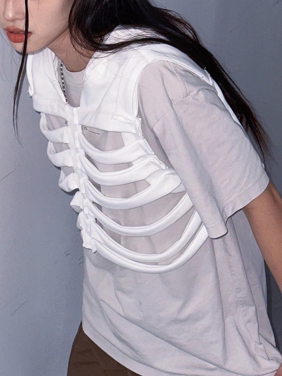 Men Women Vest Coat Chic Sleeveless Hooded Vest Hollowed Skeleton Gilet Solid Color Hoodie Streetwear for Party Club Grunge Y2K 240708